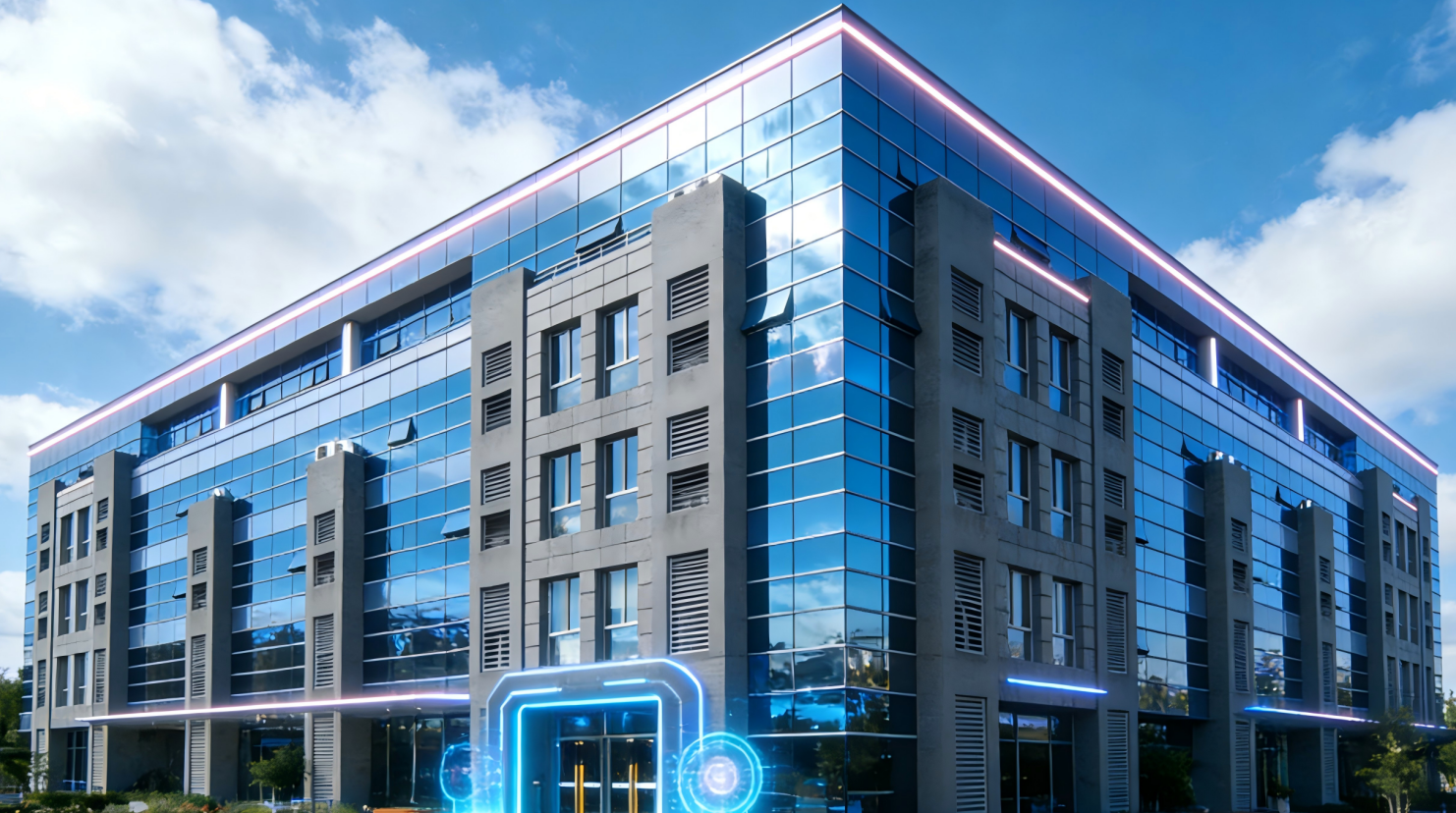 现代化高端办公环境，宽敞明亮的会议室，员工正在讨论项目，玻璃幕墙建筑内部，专业团队工作场景，现代商务风格